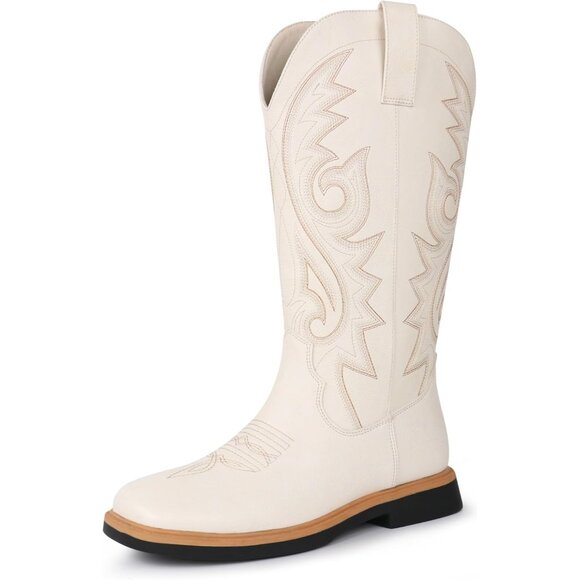 Women's White Embroidered Square Toe Side Zipper Western Mid Calf Dress Boots - Picture 6 of 6